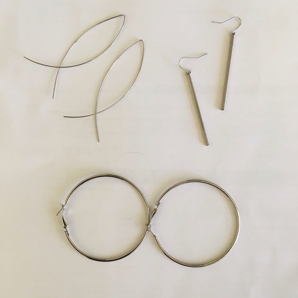 3 Pairs Earrings Silver Large Hoops Bar